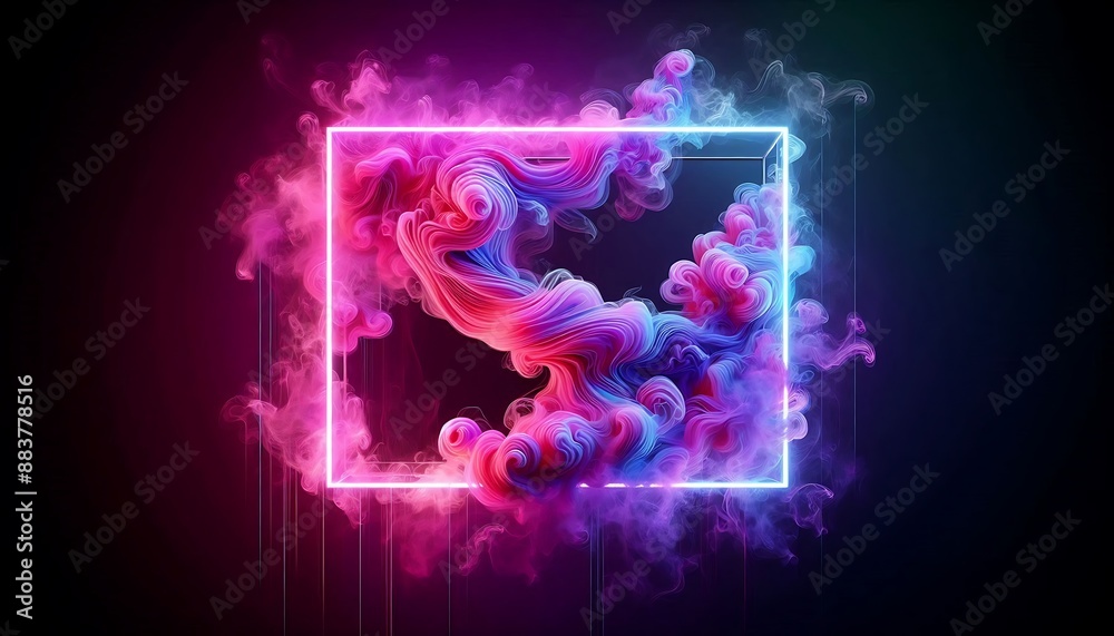 Fototapeta premium neon light square with colored smoke in pink and purple flowing through the square