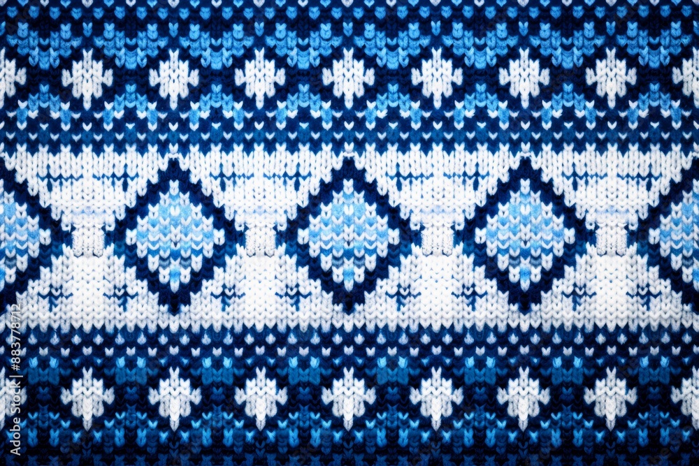 A detailed image of a knit pattern with traditional Fair Isle designs in blue and white A detailed image of a knit pattern with traditional Fair Isle designs in blue and white