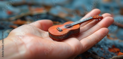 Miniature guitar on a human hand, capturing the essence of music and creativity, ideal for artistic stock photos