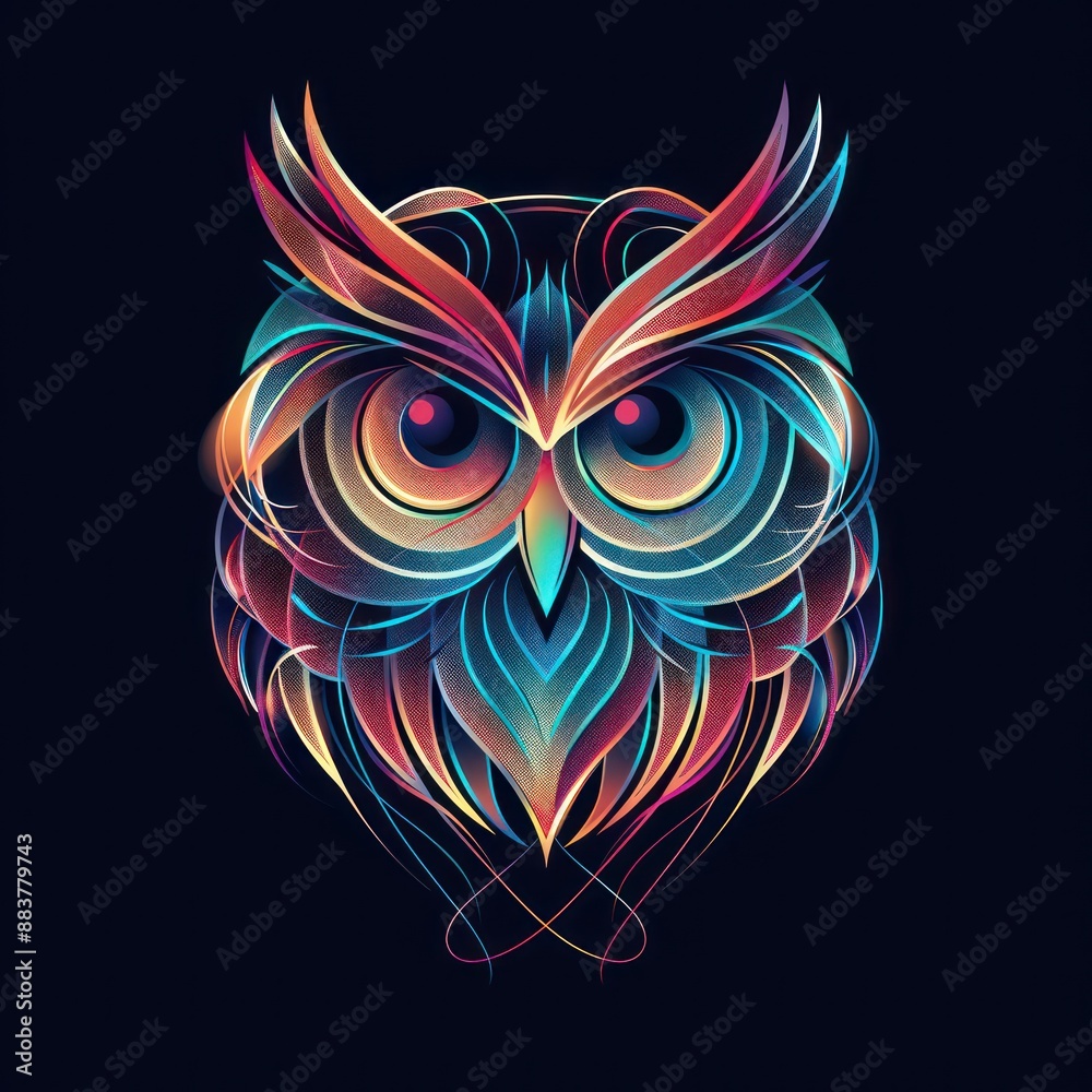 Luminous Owl in Vector: Vibrant 3D Style Illustration on Black Background with Gradient Colors and Simple Lines, Generative Ai Luminous Owl in Vector: Vibrant 3D Style Illustration on Black Background with Gradient Colors and Simple Lines, Generative Ai