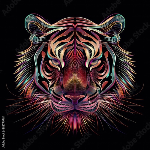 Majestic Tiger in Vibrant 3D Style - High Quality Tiger Vector Illustration on Black Background with Colorful Gradients and Simple Lines in 8K HDR Digital Art, Generative Ai photo