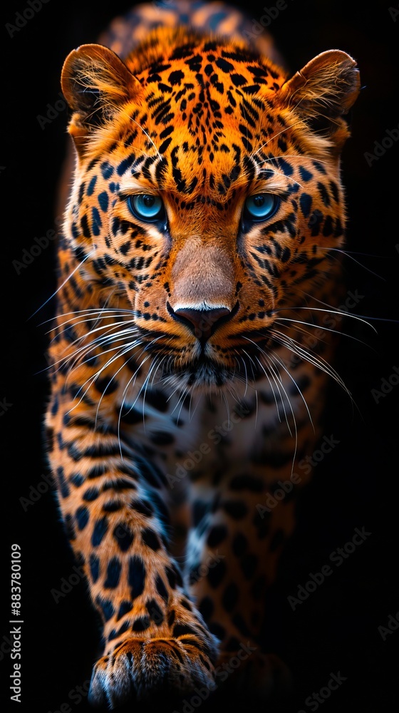 Obraz premium A leopard with blue eyes is walking in the dark.