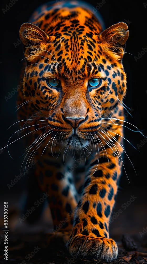 Obraz premium A leopard with blue eyes walking in the dark.