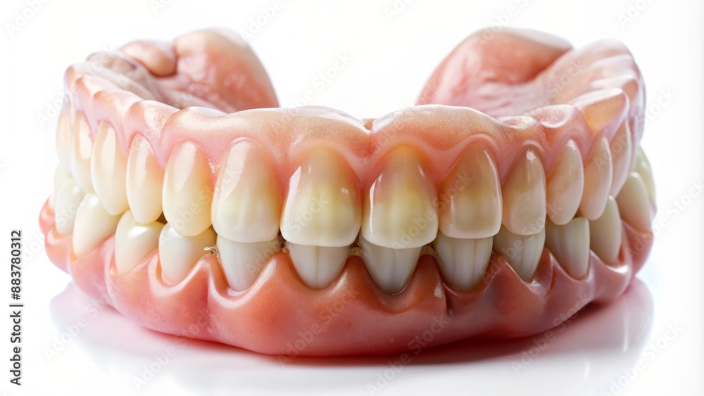 Isolated white background features a worn denture set with a few teeth missing, conveying a sense of age and vulnerability. Isolated white background features a worn denture set with a few teeth missing, conveying a sense of age and vulnerability.