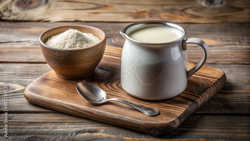 Arranged on a rustic wooden board, a delicate milk cup and teaspoon sit beside a container of powdered milk, awaiting use. photo