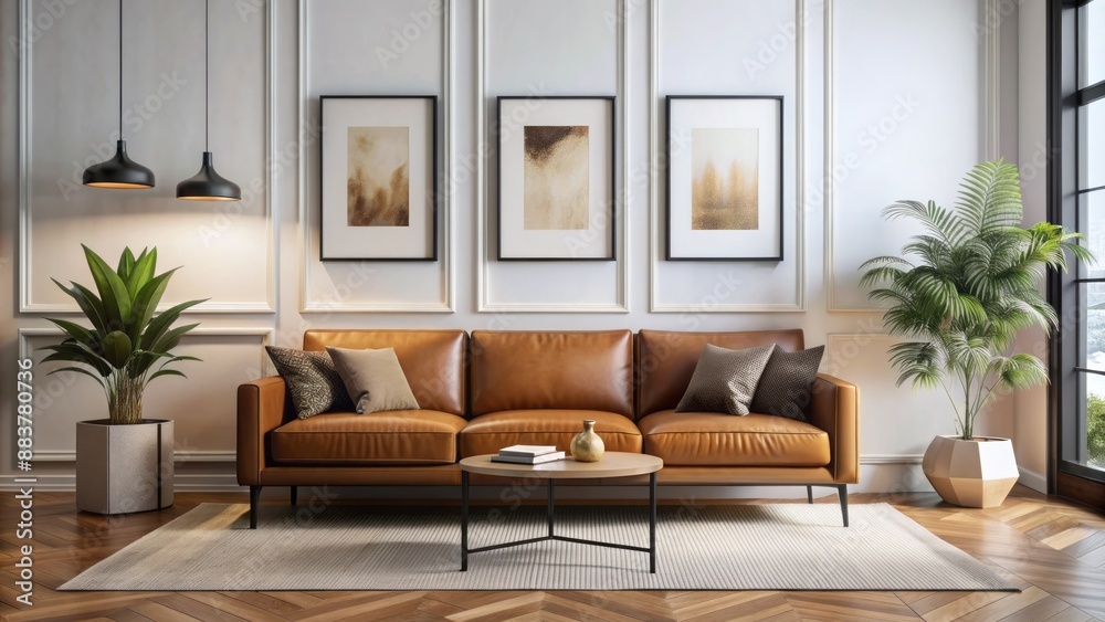 Fototapeta premium Elegant minimalist interior features a rich caramel brown sofa against a soft white wall with sleek black mock-up frames.