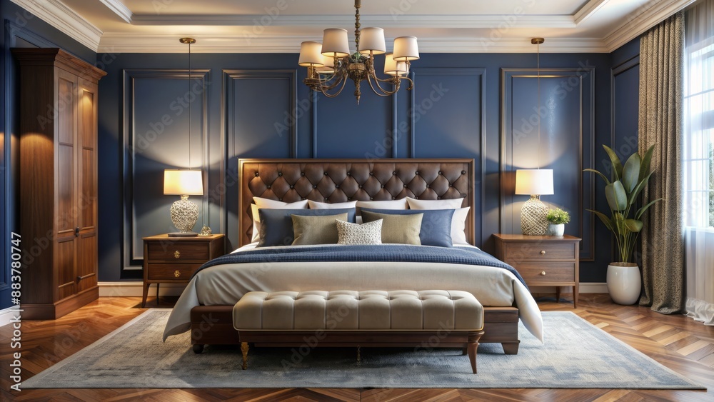Fototapeta premium Luxurious dark blue accent wall surrounds a plush bed, rich wood furniture, and soft cream accents in a serene retreat.