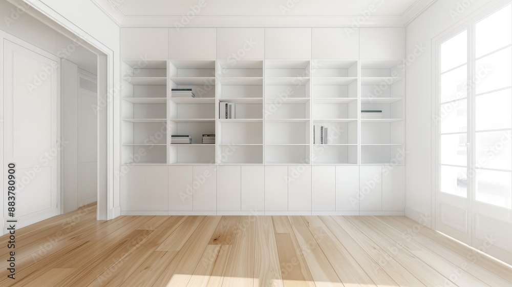Fototapeta premium Bright, minimalistic room with built-in white shelves, wooden floor, and large windows allowing natural light for a clean, modern aesthetic.