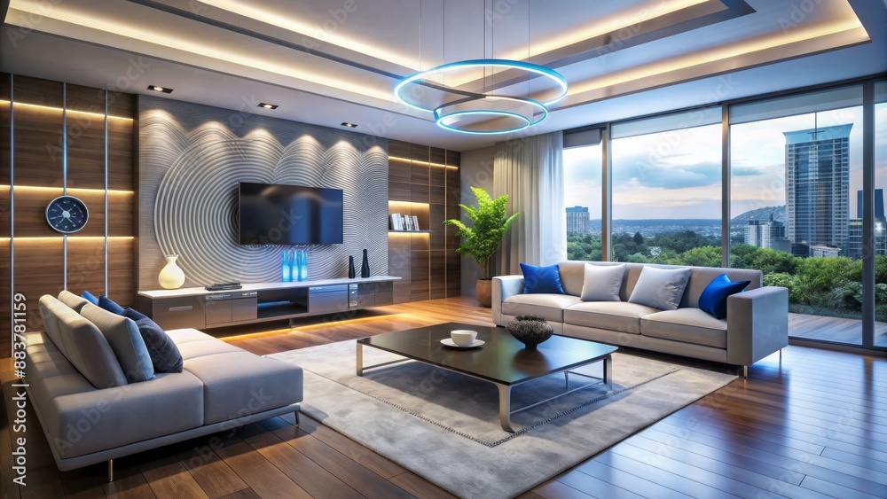 Naklejka premium Sleek futuristic living area with minimalist decor, seamlessly integrating advanced gadgets, wireless devices, and smart home systems for ultimate connectivity.
