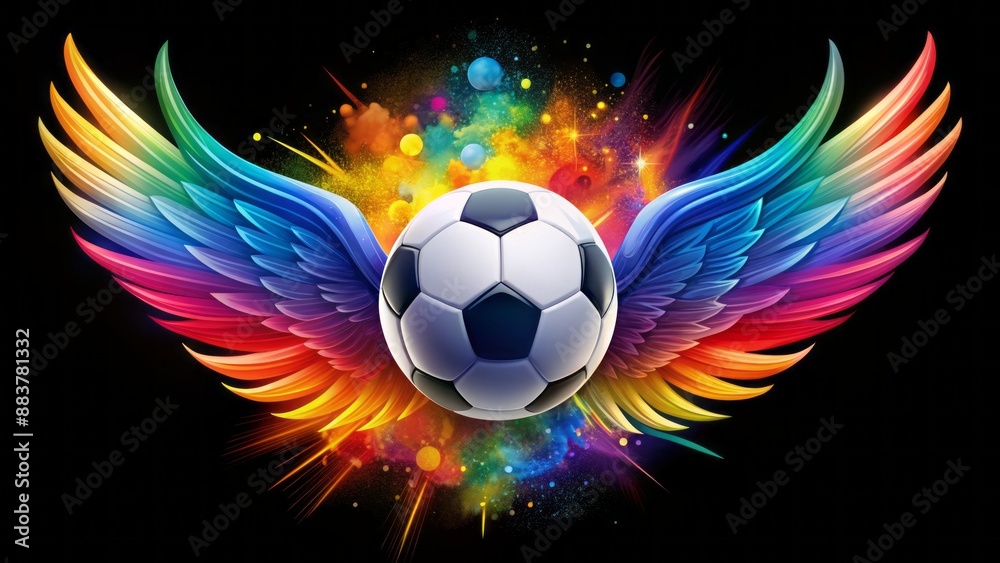 Fototapeta premium Vibrant soccer ball symbol integrated with stylized wings, surrounded by dynamic shapes, evoking empowerment, teamwork, and passion for women's football spirit.