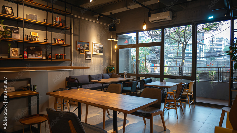Modern Cafe Interior with Large Windows and Wooden Tables. Modern Cafe Interior with Large Windows and Wooden Tables.