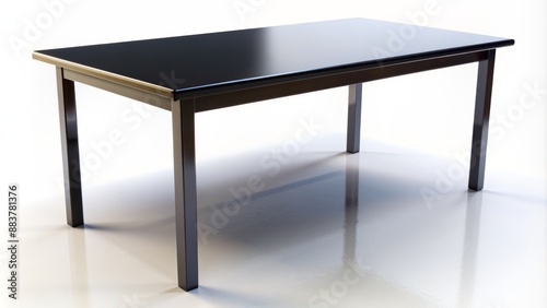 isolated black rectangular table top with smooth surface and rounded edges against a pristine white studio background.