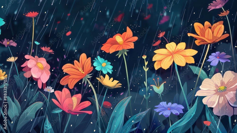 A painting of a field of flowers with rain falling on them A painting of a field of flowers with rain falling on them