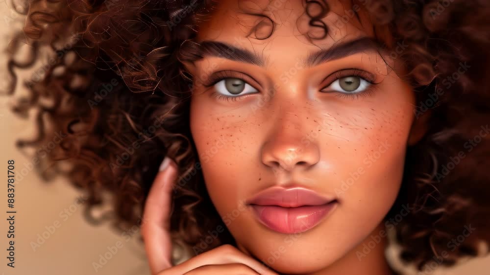 Woman with curly hair and freckles looks at camera Woman with curly hair and freckles looks at camera