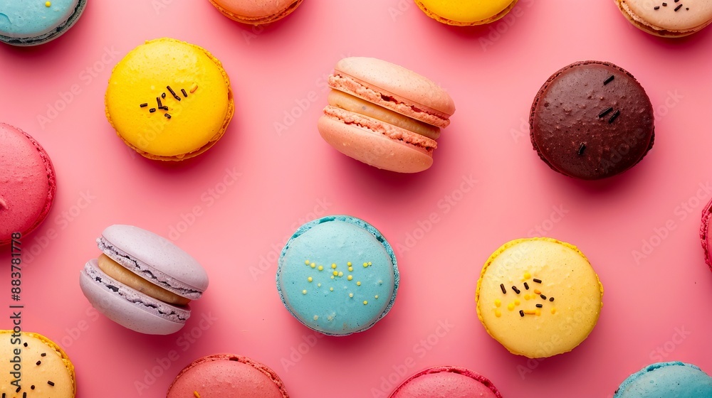 Fototapeta premium Colorful macarons on a pink background.