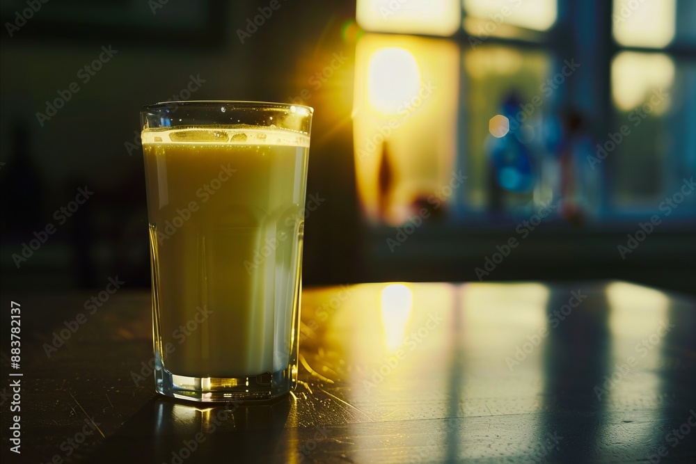 A glass of milk on a table. A glass of milk on a table.