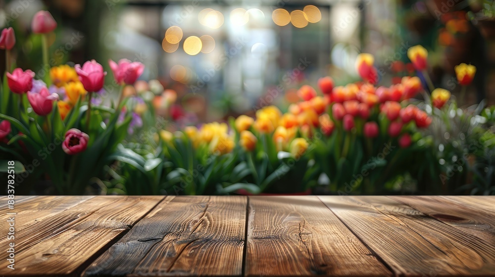 Blurred image of tulips in the garden with wooden table in front