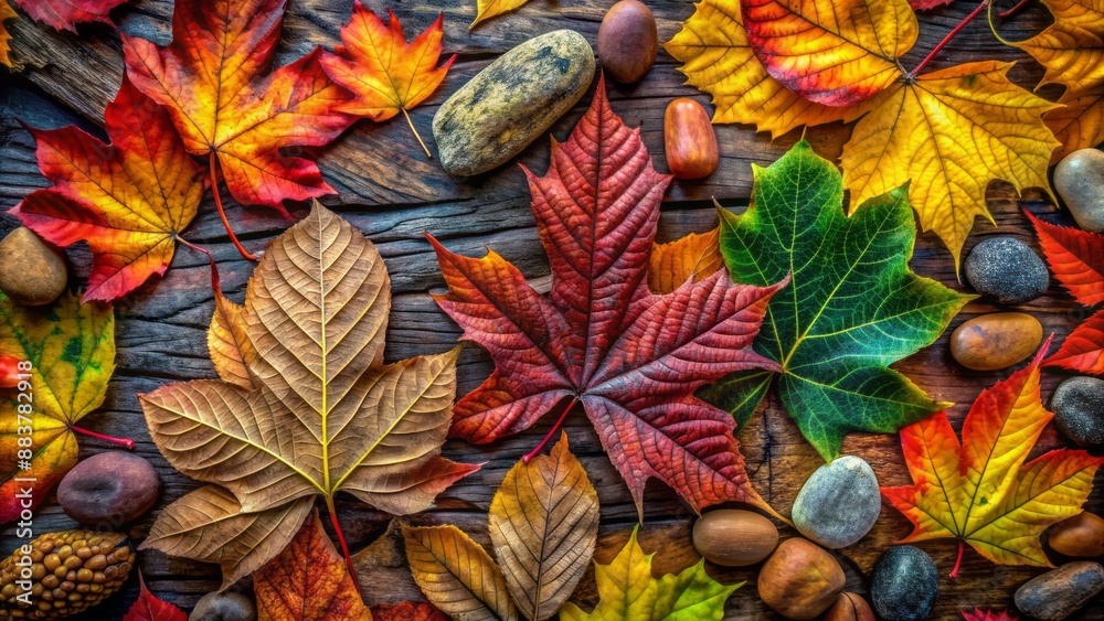 Fototapeta premium Earthy-toned, high-resolution image featuring organic, swirling patterns of leaves, wood, and stone, ideal for natural, rustic design applications.
