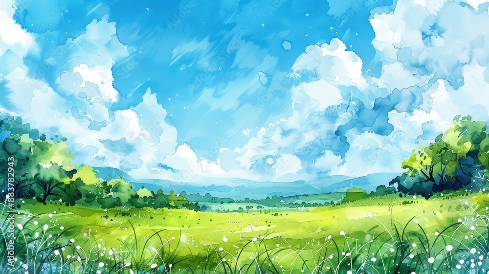 Fototapeta premium A vibrant watercolor painting of a serene meadow under a bright blue sky filled with fluffy white clouds. The lush green grass and trees create a tranquil and picturesque scenery