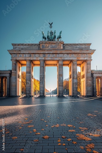 Brandenburg Gate captured on a sunny autumn day with fallen leaves. Berlin's historic gate under clear skies.