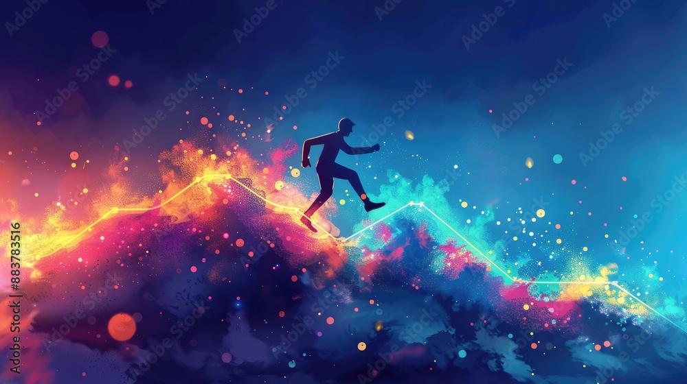 Naklejka premium Vibrant Silhouette of Man Running on Abstract Colorful Graph Background at Night
