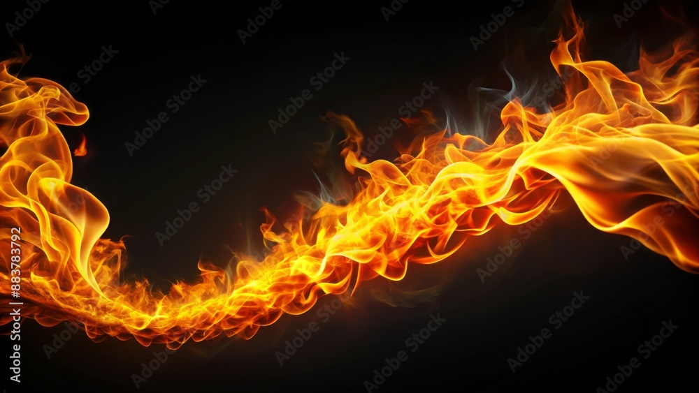 Fiery blaze dancing along winding trajectory on dark void backdrop, hypnotic oranges and yellows radiating intense heat and energy.