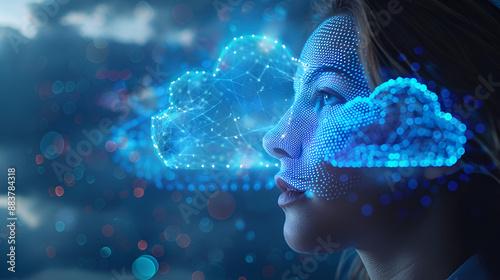 Businesswoman speaks phone and cloud storage technology. Generative AI