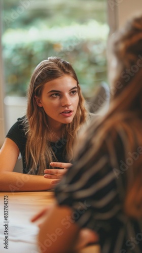 Close-Up of Two Young Women Engaged in Conversation at a Table. Female Patient and Client Cross Hands on the Table to Show Attentive Listening, Consultant, Expert, Psychologist, Debating New Ideas, AI