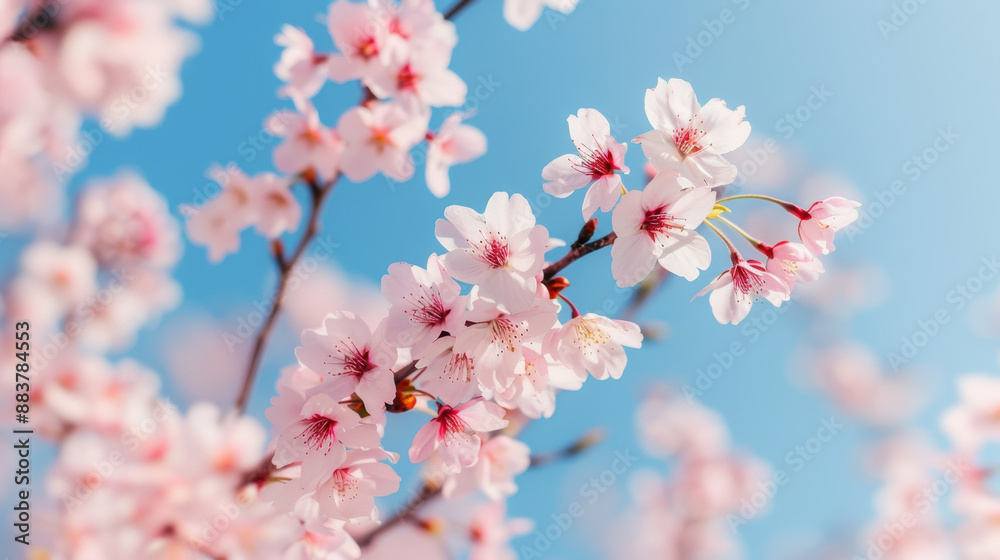 Close-up of beautiful cherry blossom flowers blooming on branches against a clear blue sky, showcasing the delicate pink petals in spring season.