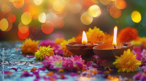 Beautiful Diwali lamps surrounded by vibrant flowers and colorful bokeh lights, creating a festive and joyful atmosphere.