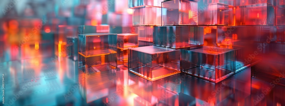Futuristic 3D Render of Glowing Transparent Cubes on a Digital Circuit Board