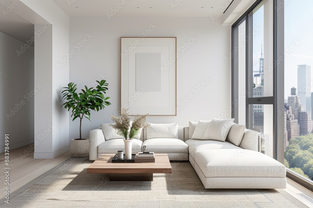 Fototapeta premium Modern living room mockup with minimalist design and cityscape view.