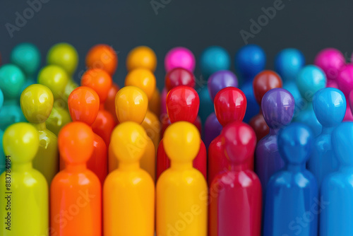 Colorful plastic figurines arranged in rows, representing unity and diversity against a dark background, vibrant group concept.