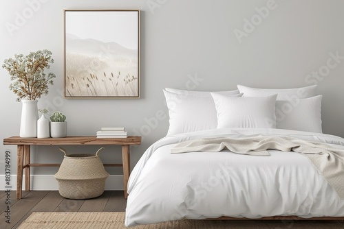 Modern bedroom mockup with a king-size bed and minimalist decor.