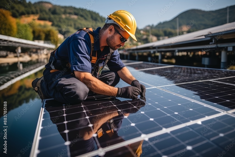 Engineer and supervisor conducting maintenance at floating solar farm with solar batteries