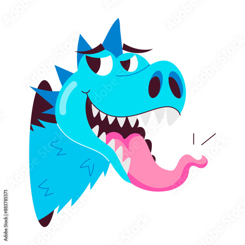 A flat style sticker showing funny dinosaur with tongue out 

