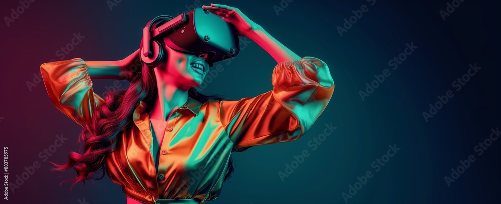 Obraz premium woman in vr glasses, playing video games or fitness and yoga with virtual reality headset, trying to touch something with hand