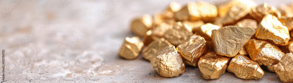 A collection of gold nuggets piled on a textured concrete surface, showcasing their natural luster and intricate details. A collection of gold nuggets piled on a textured concrete surface, showcasing their natural luster and intricate details.
