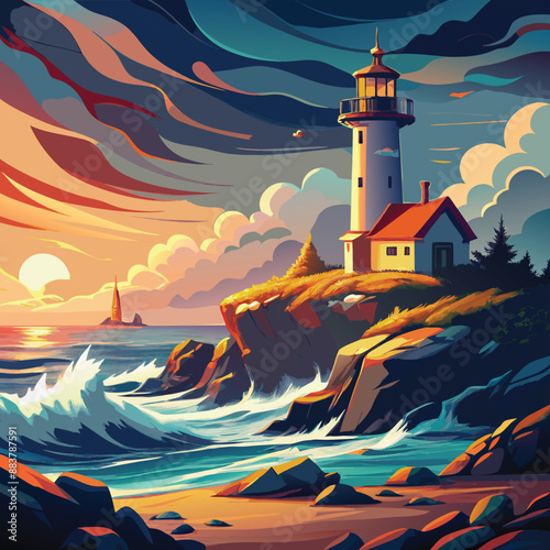 Vibrant Coastal Lighthouse Beacon at Sunset.