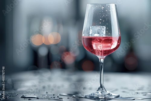 Red wine glass with a single ice cube. photo