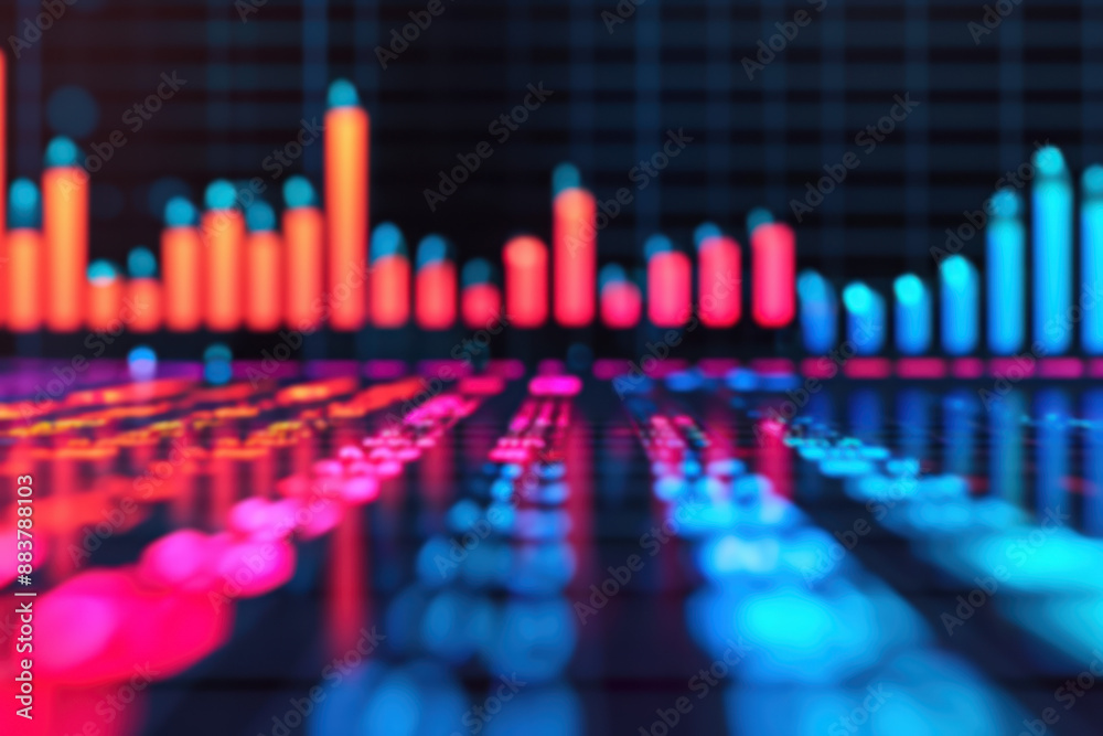 Colorful digital data visualization graph on a dark background with glowing neon bar charts and dots representing data points. Colorful digital data visualization graph on a dark background with glowing neon bar charts and dots representing data points.
