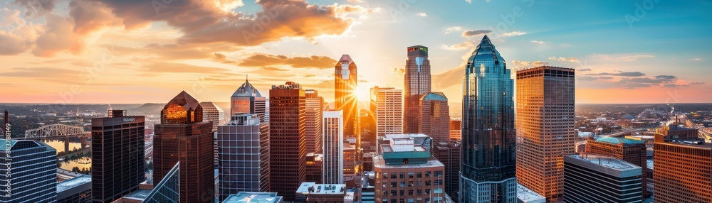 Stunning panoramic view of a city skyline at sunset with tall glass skyscrapers and colorful sky, showcasing urban architecture and vibrant colors. Stunning panoramic view of a city skyline at sunset with tall glass skyscrapers and colorful sky, showcasing urban architecture and vibrant colors.