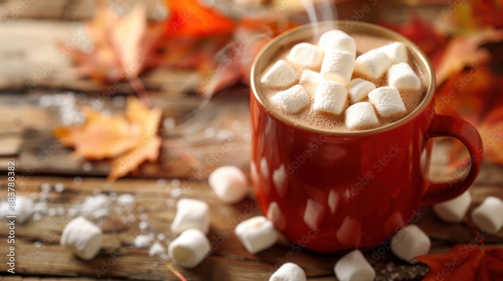 A steaming cup of hot chocolate topped with marshmallows, surrounded by autumn leaves on a rustic wooden table. A steaming cup of hot chocolate topped with marshmallows, surrounded by autumn leaves on a rustic wooden table.