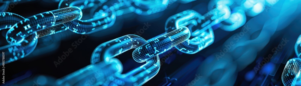Close-up of illuminated blue chains symbolizing blockchain technology and digital connections, perfect for tech industry visuals. Close-up of illuminated blue chains symbolizing blockchain technology and digital connections, perfect for tech industry visuals.