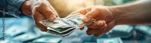Close-up of two hands exchanging a stack of American dollar bills in a business transaction, signifying the concept of finance and trade. photo