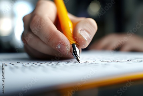 Close-up of a hand holding a yellow pen as it writes on a piece of paper, capturing the essence of the writing process in detail.