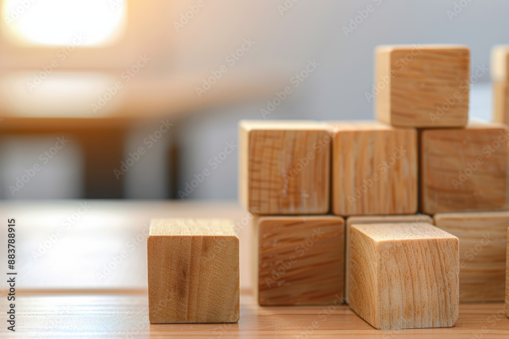 Wooden blocks stacked on a table with sunlight in the background, showcasing simplicity and structure. Ideal for concepts of construction and childhood.