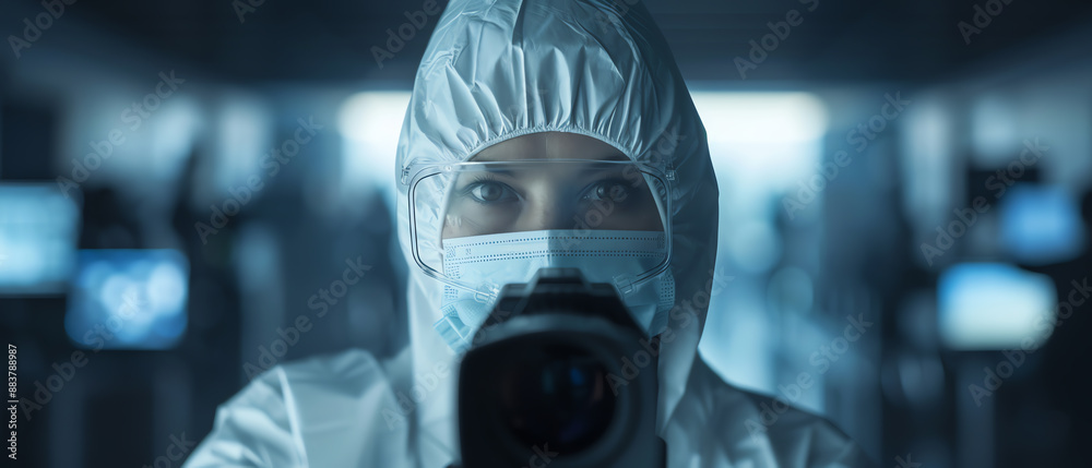 A young scientist in a protective suit and mask looks at the camera. She is in a dimly lit room with blue lights in the background. A young scientist in a protective suit and mask looks at the camera. She is in a dimly lit room with blue lights in the background.