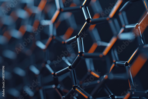 Close-up view of a futuristic hexagonal grid structure with metallic and glowing elements on a dark background.