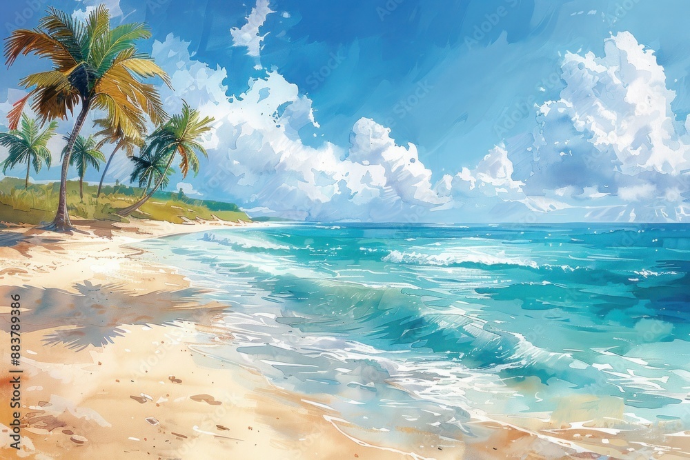 Watercolor Palm Trees on Beach with Ocean Background